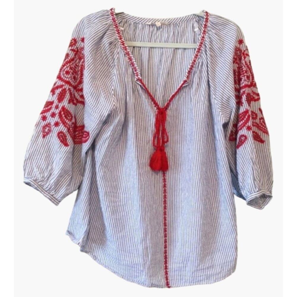 Solitaire Blue Red Stripe Embroidered Blouse Women's Size Small Pullover Longer